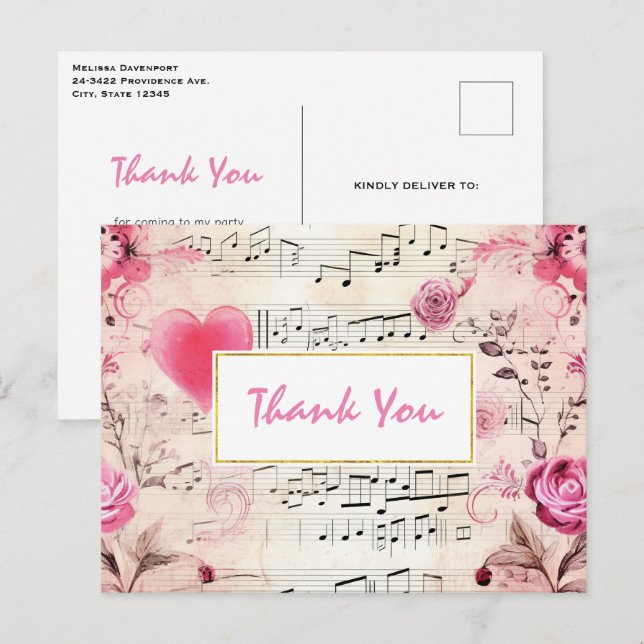 Notas Musicais e Rosas Vintage Design Obrigado (Frente/Verso)