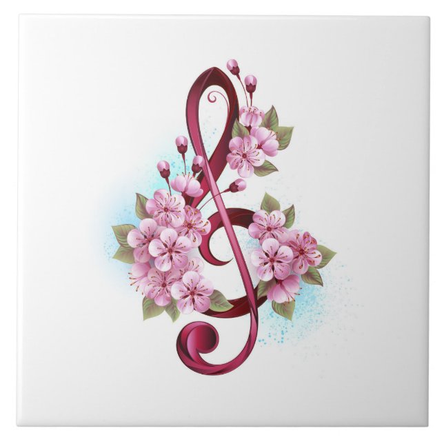 Notas musicais em clave de sol com flores de Sakur (Frente)