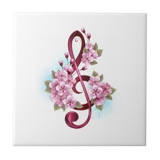 Notas musicais em clave de sol com flores de Sakur (Frente)