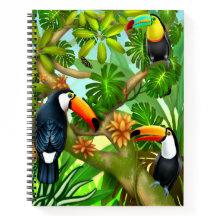 Notebook espiral de pássaros tucanos tropicais