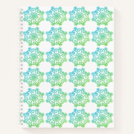 Notebook espiral verde azul com flocos de neve