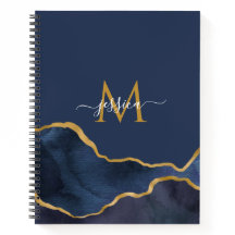 Notebook Monograma Personalizado Marble Azul
