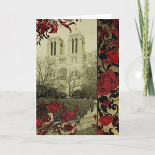 Notre Dame com o cartão dos rosas do vintage