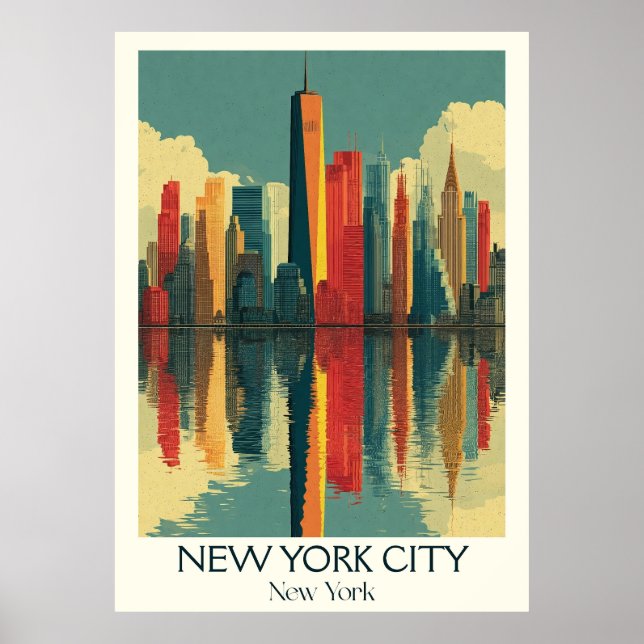 Nova Iorque Vintage Vibrant Skyline Art Poster (Frente)