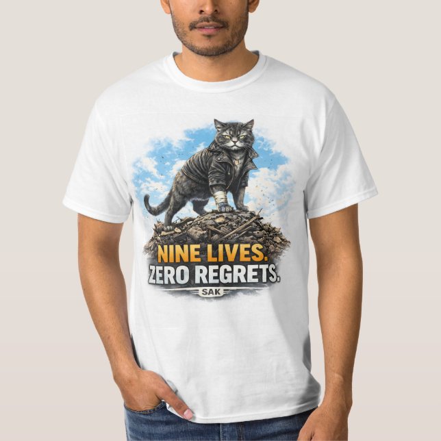 Nove Vidas, Zero Arrependimentos | Camiseta Gato L (Frente)