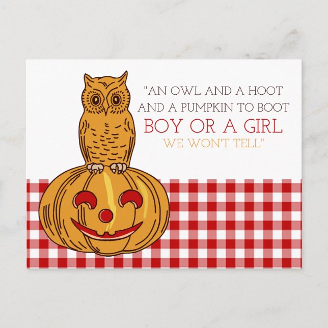 Novo Anúncio de Bebê Pumpkin Owl & Gingham (Frente)