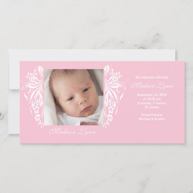 Novo Anúncio de Nascimento do Bebê Rosa Floreado (Frente)
