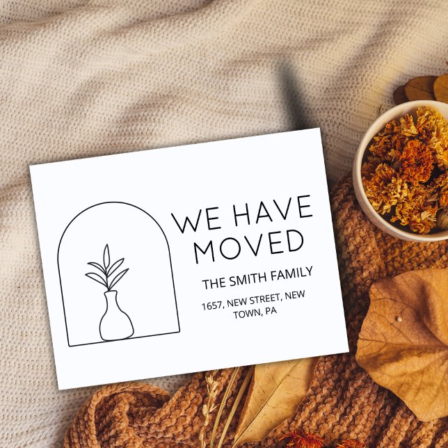 Novo anúncio em movimento da planta negra mínima (We have moved moving announcement card for change of address or new address for new home)