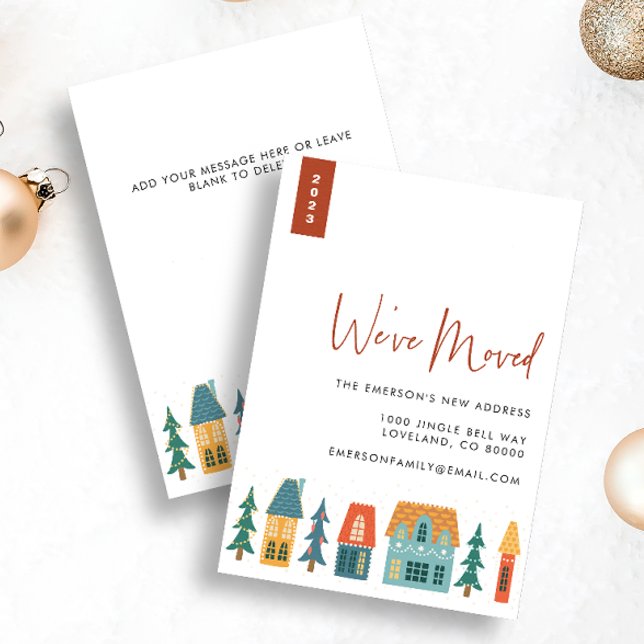 Novo Cartão de Feriado Doméstico Retroativo (2023 We've Moved Holiday Retro Houses Christmas Card with message on back)
