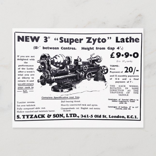 Novo cartão postal do Super Zyto Lathe Avert de 19 (Frente)