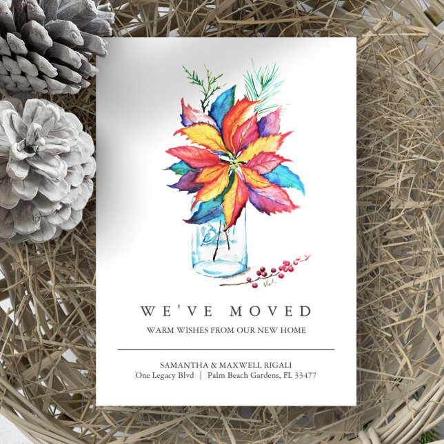 Novo Endereço Movimentando a Cores de Água do Anún (Christmas moving announcement watercolor poinsettia by Victoria Grigaliunas of Do Tell A Belle)