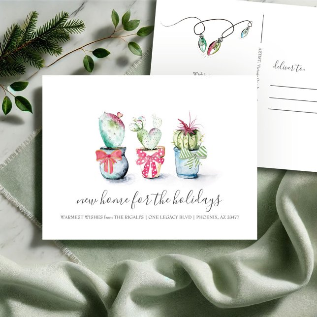 Novo Lar Movendo Anúncio Natal Cactus (Christmas cactus new address moving announcement postcard watercolor art by Victoria Grigaliunas)