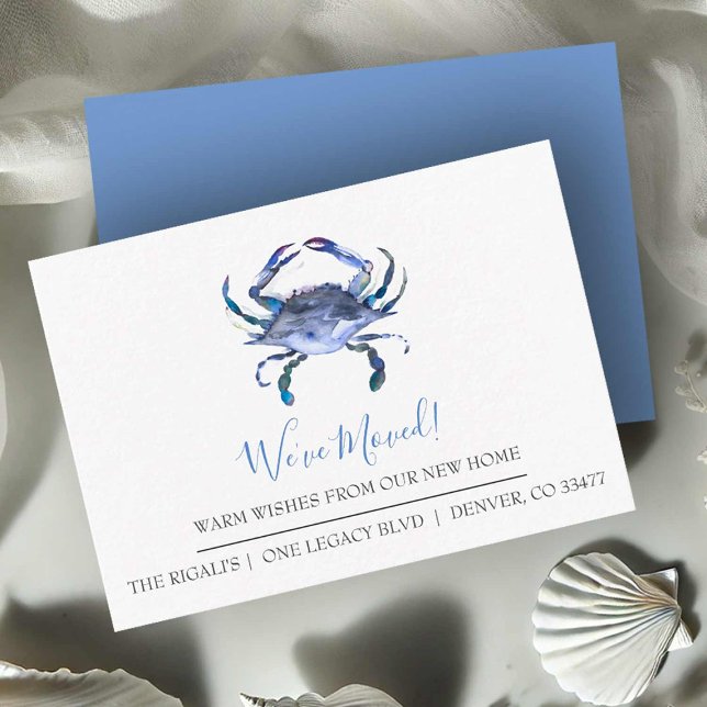 Novos Cartões de visitas de Anúncio de Movimentaçã (Business moving announcement cards watercolor blue crab art by Victoria Grigaliunas Do Tell A Belle)