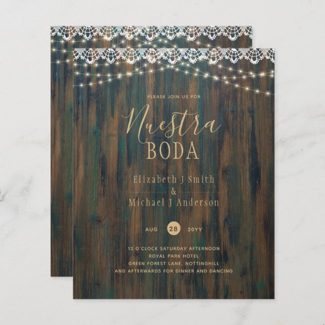 NUESTRA BODA BUDGET RUSTIC LIGHES LACE INVITE (Frente/Verso)