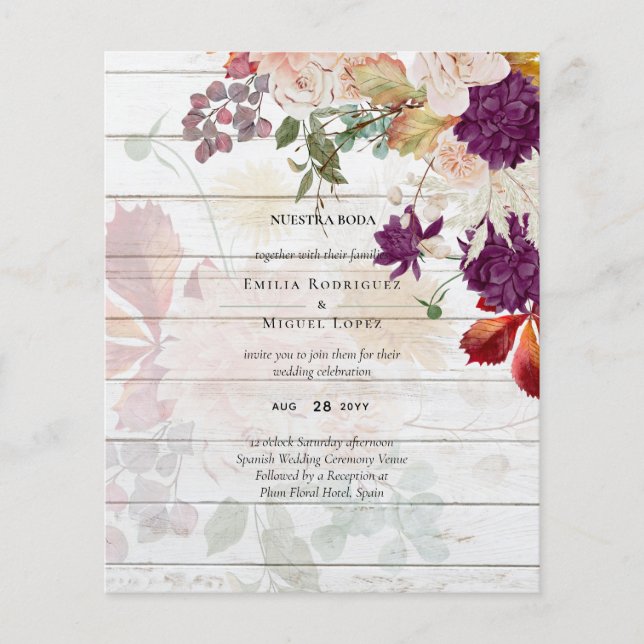 NUESTRA BODA Plum Fall Floral Casamento espanhol (Frente)