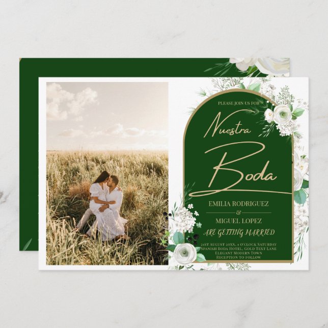 NUESTRA BODA White Roses Convite Fotográfico Espan (Frente/Verso)