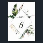 Numeração De Mesa A Aquarela Tropical Deixa Casamento<br><div class="desc">Este cartão de número da mesa de casamento apresenta folhagem tropical verde-aquarela,  folhas de palmeiras,  folhas de bananeiras com acentos de folhas de ouro falsas. É perfeito para um casamento de praia ou destino. A cor de fundo pode ser alterada. >>> Veja a coleção inteira >> https://www.zazzle.com/collections/tropical_foliage_green_collection-119021829937676776</div>