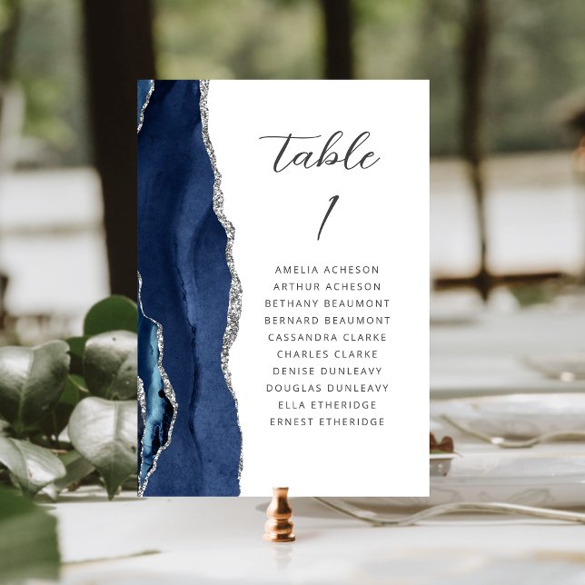 Numeração De Mesa Ágata Azul Marinho Prata Moderno Casamento Script (Criador carregado)