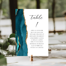 Numeração De Mesa Ágata Azul Teal Dourado Casamento Moderno Script