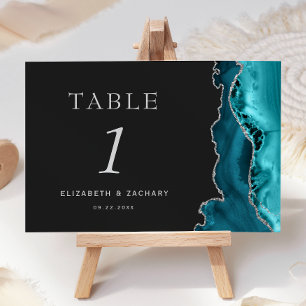 Numeração De Mesa Ágata Azul Teal Prata Casamento Escuro