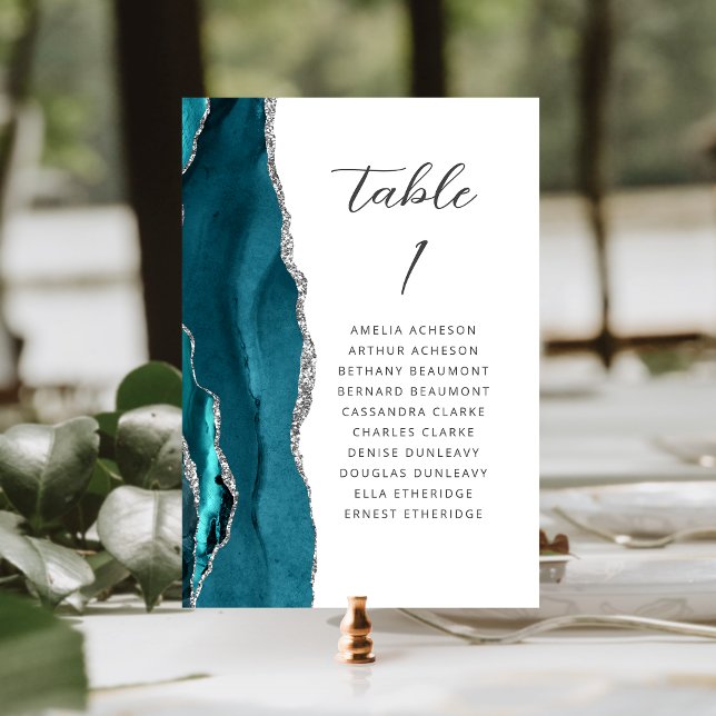 Numeração De Mesa Ágata Azul Teal Prata Moderno Casamento Script (Criador carregado)