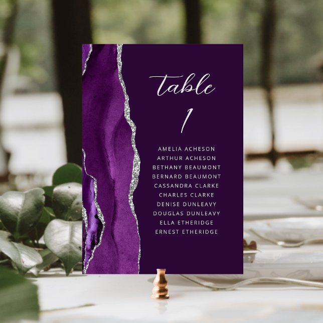 Numeração De Mesa Ágata Roxo Prata Moderno Script Ameixa Casamento (Criador carregado)