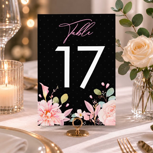 Numeração De Mesa Água moderna Rosa Floral Preta (Modern Watercolor Pink Rose Floral Black Table Number, Wedding Table Signs, Wedding Favours)