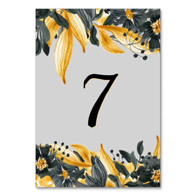 Numeração De Mesa Amarelo Elegante + Cinza Casamento Floral Por Aqua (Frente)