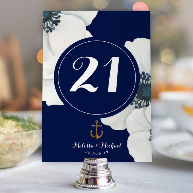 Numeração De Mesa Anêmonas em cascata azuis e brancas do Marinho náu (Nautical Event Table Numbers / Wedding Table Numbers | Navy and White with White Anemones)