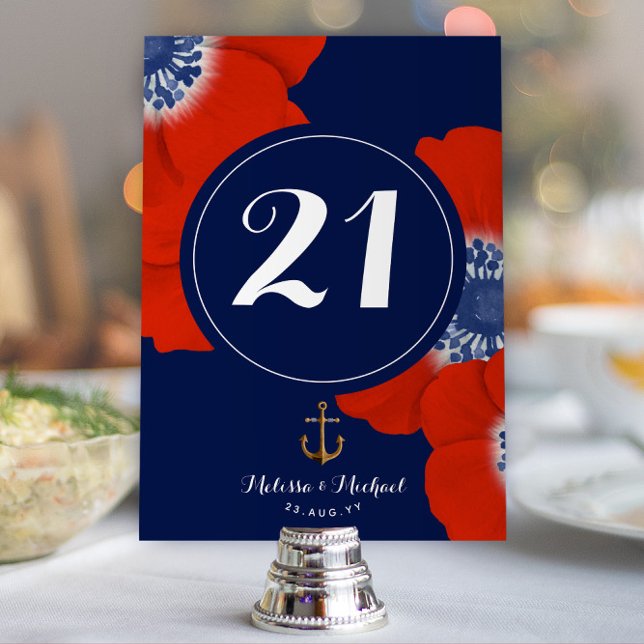 Numeração De Mesa Anêmonas Vermelhas Náuticas, Brancas Azuis e Verme (Nautical Red, White, and Blue Event or Wedding Table Numbers with Red Anemones)