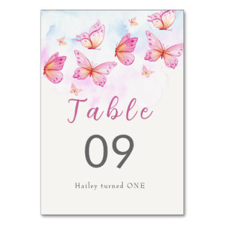 Numeração De Mesa Aniversário de 1 ano da Menina Borboleta Aquarela