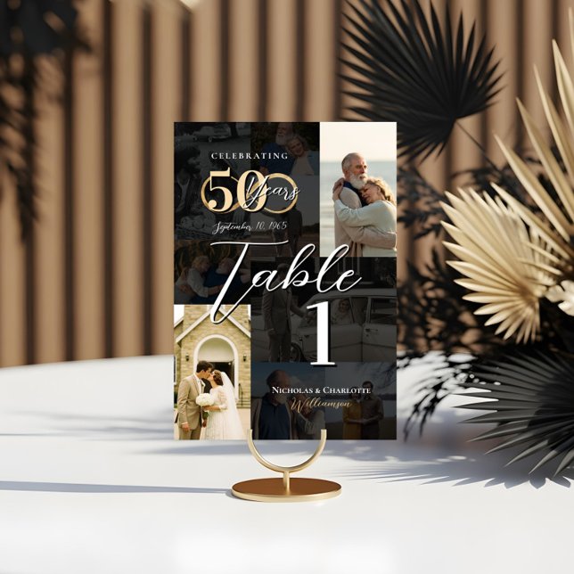 Numeração De Mesa Aniversário de 50 anos de Casamento Colagem de Fot (50th Wedding Anniversary Then & Now Photo Collage Table Number)