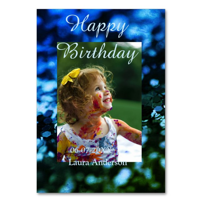 Numeração De Mesa Aniversário de criança de fotos azul verde-brilhan (Frente)