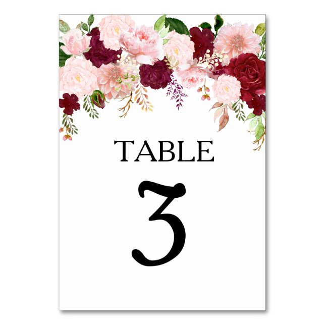 Numeração De Mesa Aquarela De Burgundy Blush De Casamento (Frente)