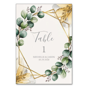 Numeração De Mesa Aquarela Dourado Geométrico Floral Eucalipto Verde