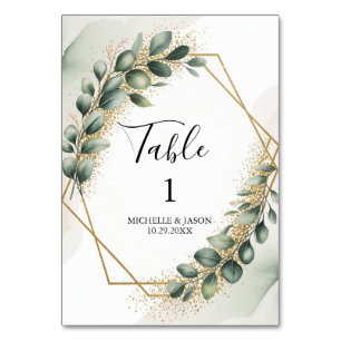 Numeração De Mesa Aquarela Dourado Geométrico Floral Eucalipto Verde