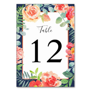 Numeração De Mesa Aquarela Floral Coral Naval Folhagem Casamento