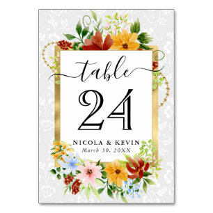 Numeração De Mesa Aquarela Flores Vermelho Amarelo Azul Casamento