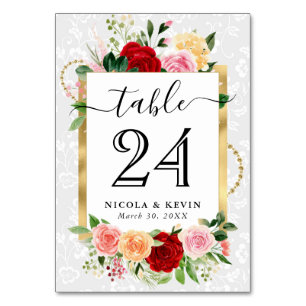 Numeração De Mesa Aquarela Rosas Vermelhas e Laranjas Flores Casamen