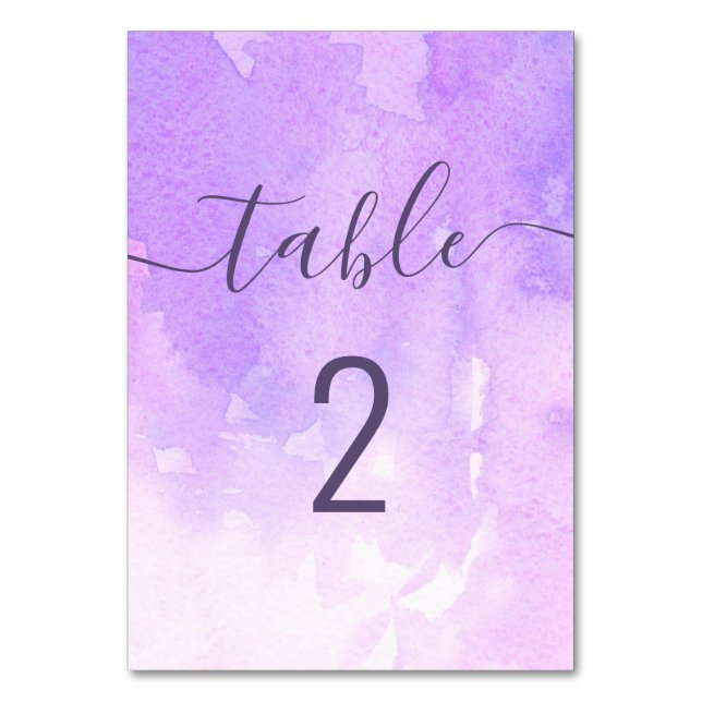 Numeração De Mesa Aquarela roxo casamento. Lilás script simples (Frente)