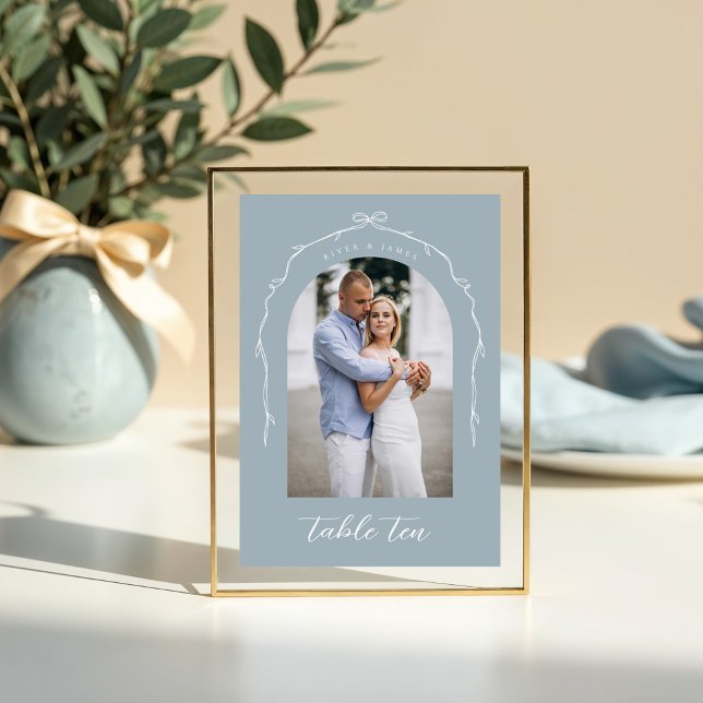 Numeração De Mesa Arch Photo Blue Arco & Ribbon WedTable Number (Arch Photo Blue Bow & Ribbon Wedding Table Number)