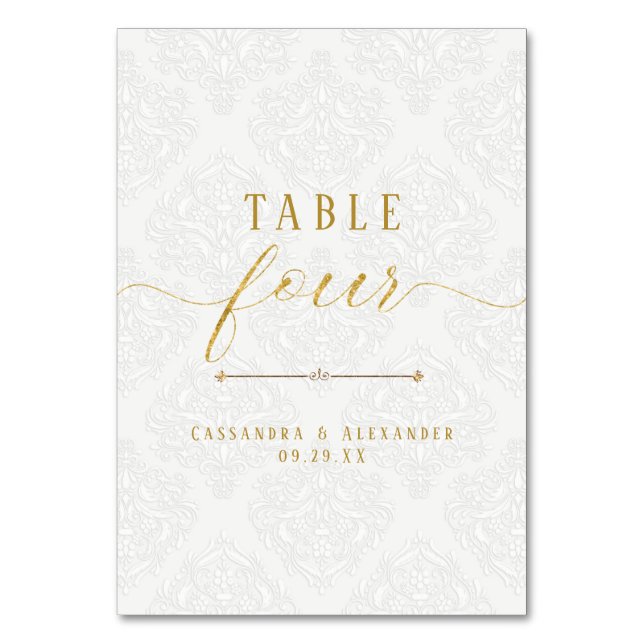 Numeração De Mesa Arranjo Branco Elegante Lace Dourado 4 Quatro Casa (Frente)