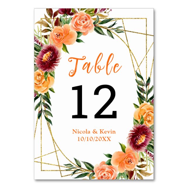 Numeração De Mesa Autumn Burgundy Orange Floral Wedding (Frente)