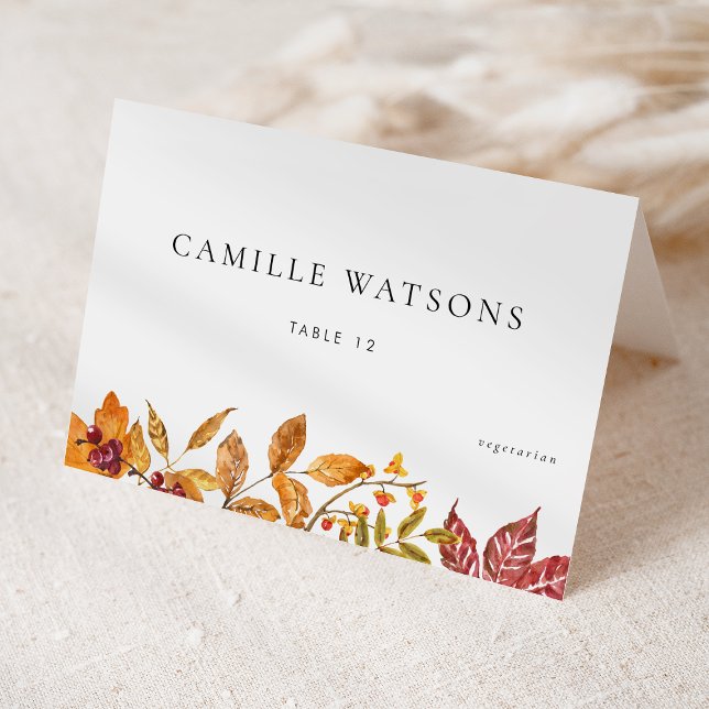 Numeração De Mesa Autumn Deixa A Placa Do Local De Escolha Do Casame (Customizable Fall Wedding Place Card with Meal Choice featuring Watercolor Autumn Foliage)
