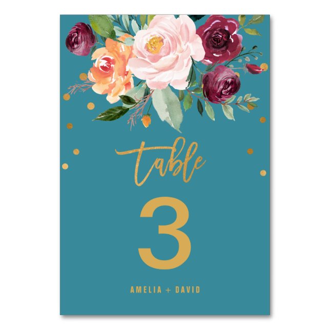 Numeração De Mesa Autumn Floral | Número do quadro teal (Frente)