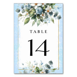 Numeração De Mesa Azul e Dourado Floral Elegante Rústico Aquarela