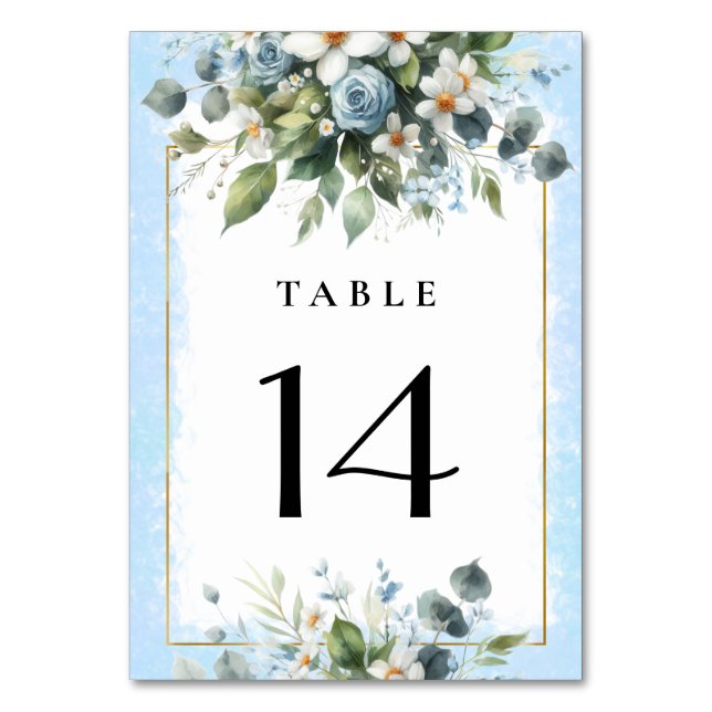 Numeração De Mesa Azul e Dourado Floral Elegante Rústico Aquarela (Frente)