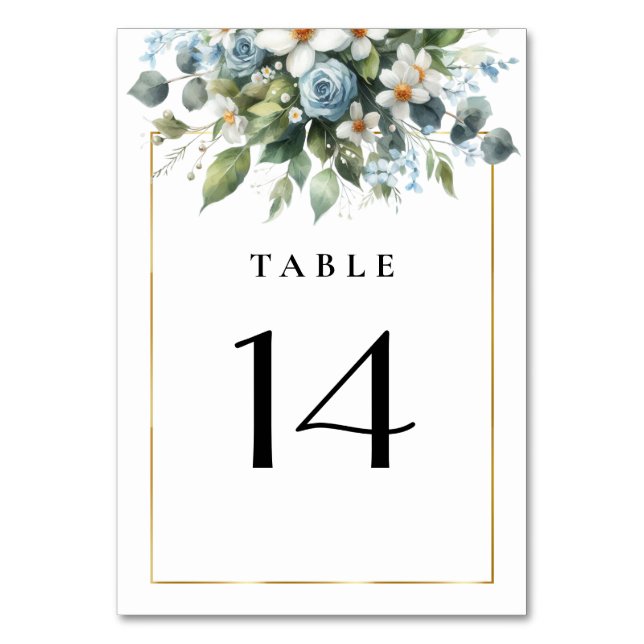 Numeração De Mesa Azul e Dourado Floral Elegante Rústico Aquarela (Frente)