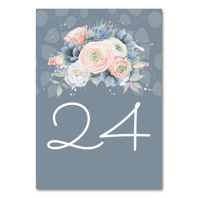 Numeração De Mesa Azul e Rosa Derramado Aquarelas Florais (Frente)