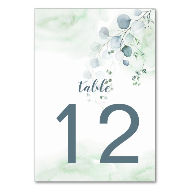 Numeração De Mesa Azul Empoeirado & Verde Sage Eucalipto Botânico (Frente)